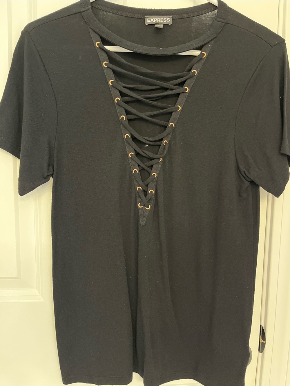 Express Black Lace-Up V-Neck Women's Top